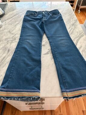 Anthro Good American Women’s Dark Blue Flared Jeans with Trim Sz 14